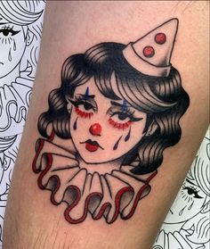 Pretty Clown Tattoo, Traditional Style Clown Tattoo, Circus Clown Tattoo, Clown Lady Tattoo, Trad Clown Tattoo, Matching Clown Tattoos, Old Clowns Vintage, Clown Pinup Tattoo, Rodeo Clown Tattoo