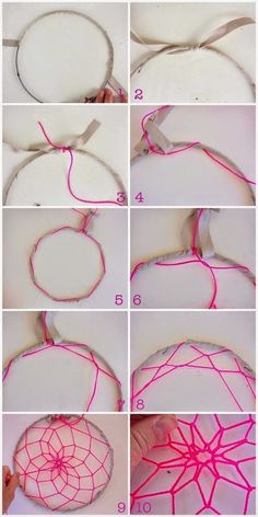 instructions to make an ornament for a spider web art project with string and yarn