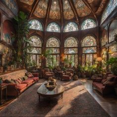 an ornate living room with stained glass windows