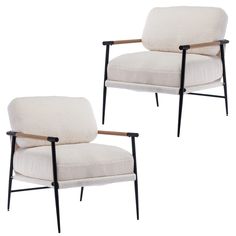 two chairs with black legs and white upholstered cushions