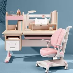 a pink chair sitting next to a wooden desk