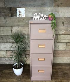 a pink filing cabinet next to a potted plant on a wooden floor with the word hello written on it