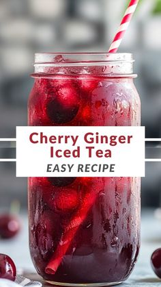 a mason jar filled with cherry ginger iced tea