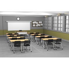 an empty classroom with desks and chairs