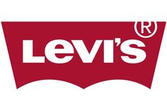 the levi's logo is shown in red and white, with an arrow pointing to it