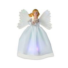 an angel figurine with white wings and blue dress is shown on a white background