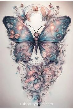 a drawing of a butterfly with lots of butterflies on it's wings and flowers