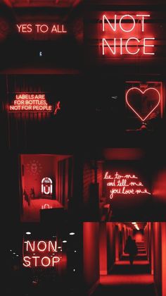 neon signs are lit up on the wall in this dark room with red light coming from them