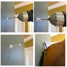 four different views of a drill being used to fix a hole in the wall with screwdrivers