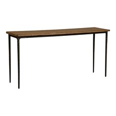 a wooden table with metal legs on a white background