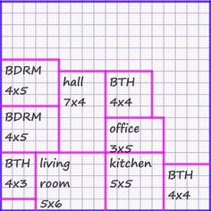 the kitchen floor plan is shown in pink and blue, with numbers for each room