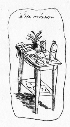 a drawing of a table with a plant on it