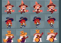 an old school pixel art style video game character set with different outfits and costumes for each character