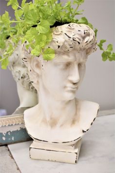 a white statue with a plant in it's head on top of a book