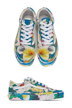 Kenzo Multicolor Vans Edition OG Old Skool LX Sneakers. Low-top canvas sneakers featuring multicolor floral pattern throughout. Round cap toe. Lace-up closure in white. Padded tongue. Leather lining in white at padded collar. Old Skool, Hoka Running Shoes