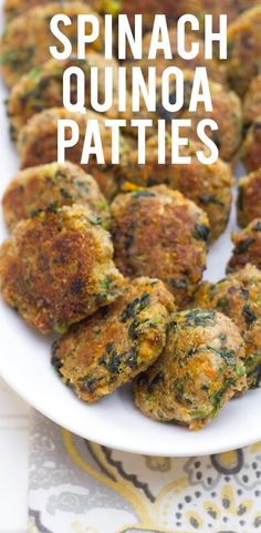 spinach quinoa patties on a white plate with the words spinach quinoa patties