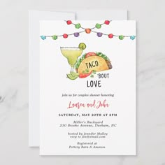 a taco bar brunch party card with the words taco about love on it