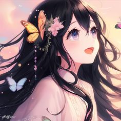 a woman with long black hair and butterflies on her head is staring at the sky