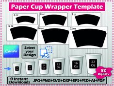 the paper cup wrapper template is shown in black and white, with different sizes