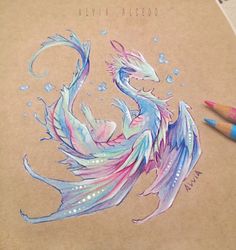 a drawing of a colorful dragon with water droplets on it's wings and tail