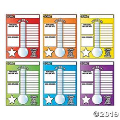 four different colored reward cards with stars on each one and the words goal, goal, score