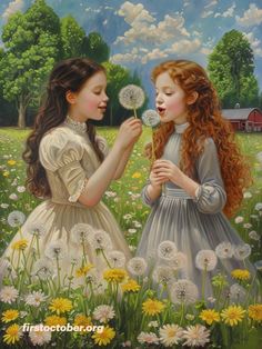 Nan and Di Blythe, Anne Shirley’s sweet daughters, spend their sunny afternoon playing together in a meadow full of golden dandelions. ☀️🌿 Surrounded by nature’s beauty, the sisters laugh, run, and twirl through the fields, gathering handfuls of the little yellow blooms. 🌸💛 Their joyful spirits and innocent laughter fill the meadow with magic, capturing the essence of a carefree childhood in Avonlea. 🌾🌻  #BlytheSisters #ChildhoodMagic #DandelionMeadow #NaturePlay #AnneShirleyFamily #AvonleaMoments #SimpleJoys The Dandelion, Sisters Art, Chuck Bass, Sunny Afternoon, The Sisters, Children Images, The Meadows