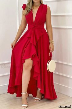 Olivia Mark - Elegant White Solid Bandage V-Neck Dress with Irregular Hem Robes Glamour, 파티 드레스, Maxi Dress Outfit, V Neck Prom Dresses, Asymmetrical Hem Dress, Red Dress Maxi, High Waist Dress, Ballroom Dress, Maxi Robes