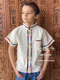 Beautiful Traditional Guayabera for Boys. This elegant button up Shirt is perfect for a special occasion such as First Communion, Baptism, Weddings, etc. Mexican Shirt, Mexican Shirts, Mexican Heritage, Collared Shirt, First Communion, Button Up Shirt, Collar Shirts, Traditional Style, Button Up Shirts