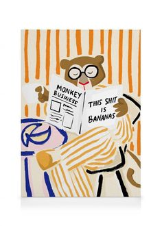 Vibrant canvas print of a cartoon monkey reading a newspaper with the words "Monkey Business" and "This Stuff Is Bananas". Colourful wall art featuring a bespectacled monkey in a simple illustration style with an orange striped background.Depth: 1.26 inThis motif is printed on canvas with a flat surface.  This is an exclusive motif, originally created by a designer in our Art Studio. Monkey Reading, Business Canvas, Monkey Man, Monkey Monkey, Monkey Illustration, Art Newspaper, Cartoon Monkey, Gallery Wall Inspiration, Monkey Art