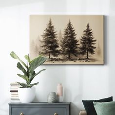 a living room scene with focus on the pine trees