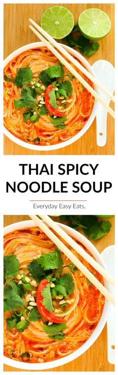 thai noodle soup with chopsticks and lime