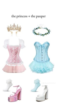 the princess and the pauer costume is shown in three different colors, including blue, pink