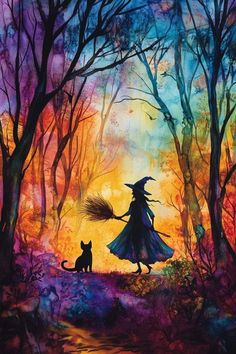 a painting of a witch and her cat walking in the woods at sunset with trees