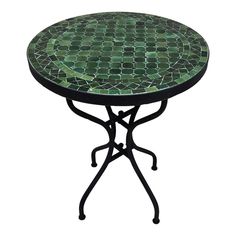 a small table with green tiles on it's top and black metal legs, against a white background