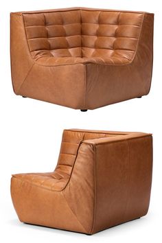 two different views of a brown leather chair and ottoman with the same seat back facing each other