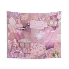 a pink wall hanging tapestry with flowers and princess items on it's back side