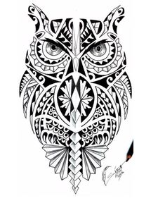 an owl with intricate designs on it's face is shown in black and white