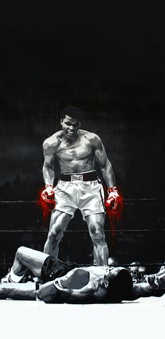 a painting of a man with boxing gloves standing over another man laying on the ground