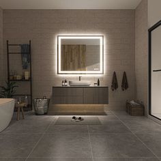 a bathroom with a tub, sink and large mirror on the wall next to it