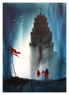 a painting of people walking in front of a tall tower with red flags on it