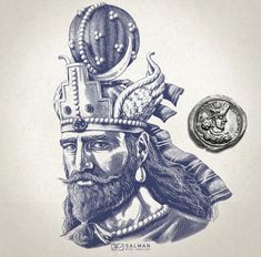 a drawing of a man wearing a crown next to a coin