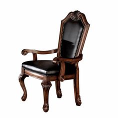 a wooden chair with black leather upholstered back and arm rests against a white background