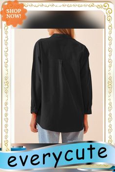 Black Solid Cotton Button Long Sleeve Shirt Black Solid Color Button-up Shirt, Solid Color Business Casual Tops With Buttons, Solid Color Buttoned Tops For Business Casual, Solid Buttoned Tops For Business Casual, Workwear Plain Button-up Tops, Plain Button-up Top For Work, Plain Button-up Tops For Workwear, Black Tops With Roll-up Sleeves For Work, Black Button-up Blouse