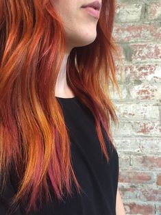 Copper Hair With Fun Colors, Copper Pink Balayage, Red Head With Pink Highlights, Orange And Copper Hair, Pink Highlights In Copper Hair, Redhead With Pink Highlights, Copper Hair Pink Highlights, Copper And Yellow Hair, Copper Hair With Pink Highlights