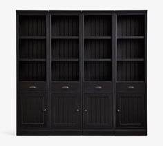 a black bookcase with three doors and two drawers