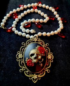 Dramatic Skull Cameo with Hand-knotted Pearl Necklace with Red Tears Skull Cameo, Hand Knotted Pearls, Cameo Pendant, Memento Mori, Fashion Jewelry Necklaces, Fashion Watches, Jewelry Necklace Pendant, Hand Knotted, Pearl Necklace