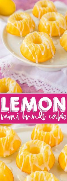 lemon mini buns with white icing on a pink and white table cloth next to plates