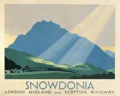 an old poster advertising snowdonia in england and scotland with the sun shining down