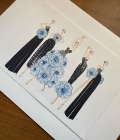 three women in evening gowns with blue flowers on the bottom and one wearing a black dress