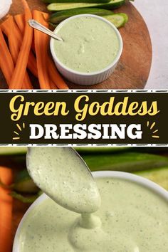 green goddess dressing being spooned into a bowl with carrots and celery